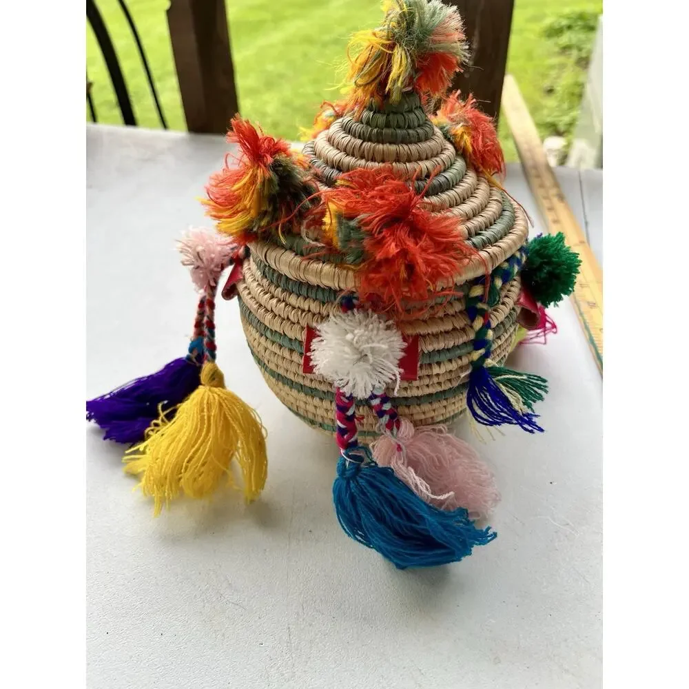 Moroccan handmade straw Lidded Baker pom poms, Boho Folk Art Raffia box